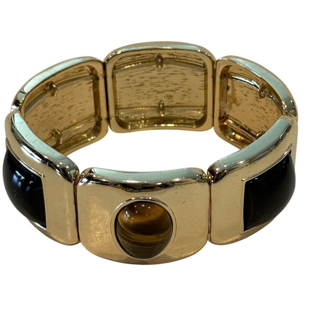 Chico's Gold Tone Tiger's Eye Black Stone ? 1" Wide Stretch Bracelet